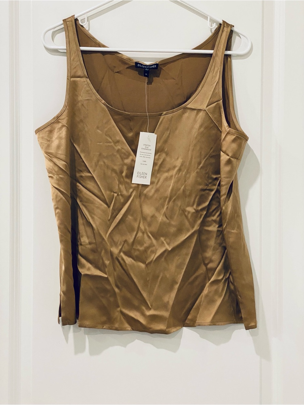 NWT Eileen Fisher Stretch Silk Charmeuse Scoop Neck Shell Bronze Gold Medium